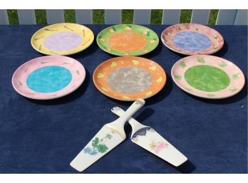 Six Hand-painted Heather Outlaw Kurpis Essex Collection Decorative Plates &Two Andrea By Sadek Pie Servers
