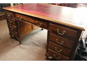 Antique English Partners Desk With Leather Inlay