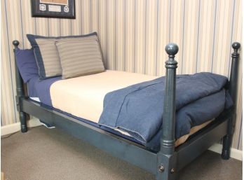 Custom Distressed Blue Wooden Twin Bed With Bedding
