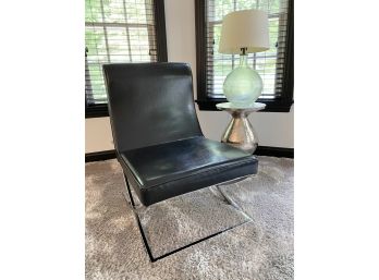 Three Piece Modern Grouping Black Leatherette Chair, Silver Hammered Accent Table & Glass Lamp