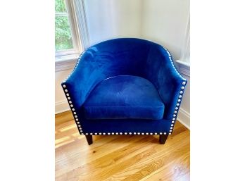 Blue Pottery Barn Club Chair In Faux Suede Fabric W/Large Silver Hob Nail Trim