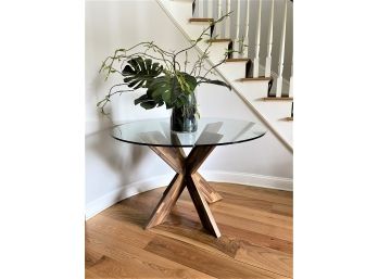 Circular Glass Top Dining/Console Table With Criss Cross Plank Base
