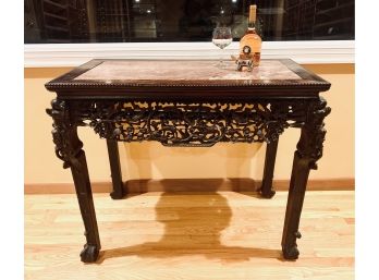 Late 19th C Chinese Carved Teak & Marble Inset Console Table