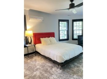 Queen Size Wood Platform Bed With Red Ultrasuede Headboard, Tray Table, Lamp & Three Pillows