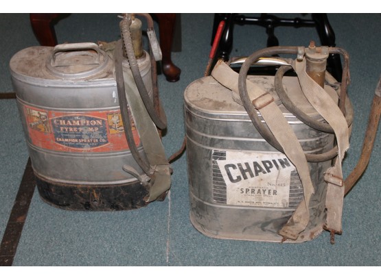 Lot Of TWO - LARGE Back Pack Farm Spray Cans With ADVERTISING