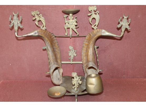 VERY STRANGE - Real Animal Horn And WEIRD Figures DESK INK WELL And PEN HOLDER - As Found
