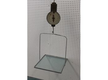 Old FARM Stand Hanging Produce SCALE With UNUSUAL GLASS Shelf - WORKS