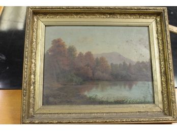 VERY NICE Antique Original Oil PAINTING On Board In Frame - RIVER OR LAKE WITH MOUNTAIN SCENE