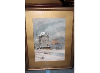 UNUSUAL And Rare LARGE SIZE Victorian Original Watercolor SIGNED PAINTING - WINTER SCENE