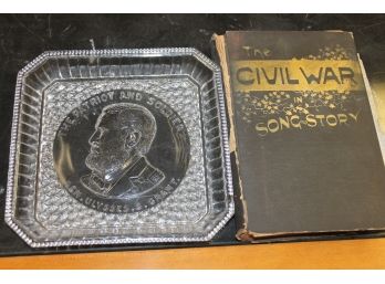 CIVIL WAR 1800s Military LOT With General US GRANT Glass Dish And Antique Song Book With GREAT ILLUSTRATIONS