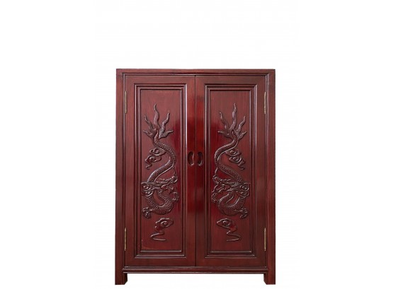 Rosewood Carved Double Dragon Breakfront Asian Cabinet