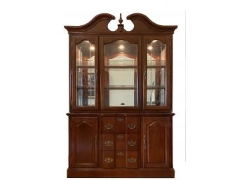Federal Style Scroll Top Solid Wood And Glass China Cabinet With Interior Light -PSD