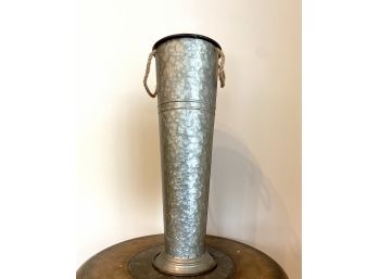Tall Galvanized Tin Vase With Sissal Rope Handles & Rolled Pediment Bottom