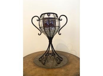 Scroll Tri Footed Iron Trophy Candle Tower  With Convex Glass Globe
