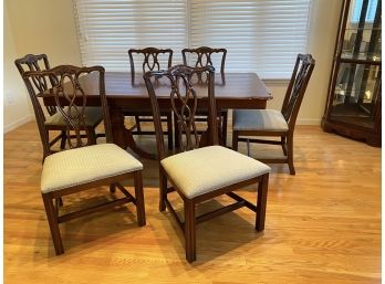 Banded Top Dining Table Set With (6) Upholstered Chairs & Table Leaf