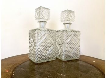 Vintage - Pair - Pressed Glass Decanter With Matching Stoppers