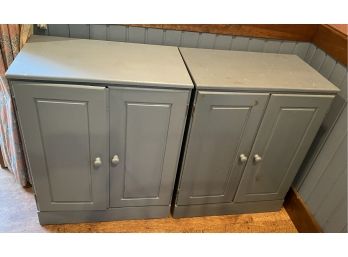 Two Blue Painted Two Door Country Cabinets