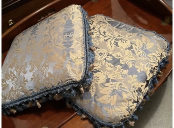Regal Slate Blue/Matte Gold Fabric Pillows With Fringe (16 X 16) - Set Of 2