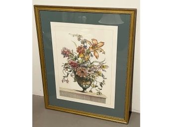 Floral In Urn Color Etching Green Matting And Framed