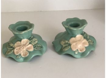 Gorgeous Vintage 1930'S Art Deco Weller Pottery CANDLE STICKS Mint Green Wild Rose Blossom Pattern.