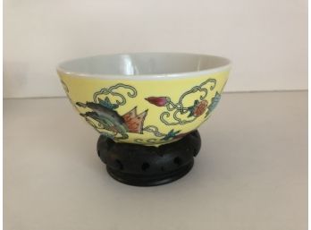 Chinese Porcelain Bowl On Wooden Stand Yellow With Floral Motif