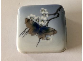 Royal Copenhagen Blue And White Hand Painted Square Porcelain Trinket Box With Butterfly On A Branch