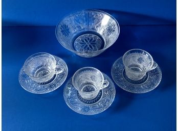 Beautiful Set Of Three (3) Glass Cups And Saucers And One Fruit Dessert Bowl