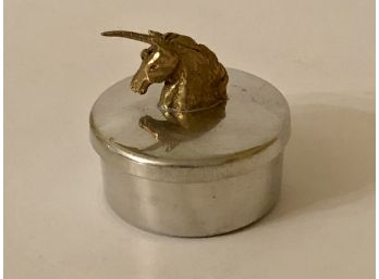 Old Newbury Crafters Pewter Round Trinket Box With Brass Unicorn Topper