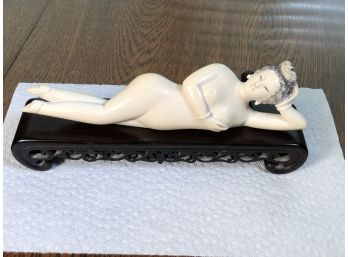 Absolutely Stunning Antique Carved Bone Sculpture Of Reclining Beauty - Very Nicely Done On Wooden Base