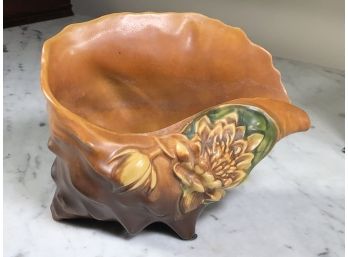 Super Rare ROSEVILLE Pottery Conch Shell Planter #445 In Orange Water Lily Pattern - VERY Hard To Find Piece