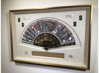 Fantastic Vintage Hand Painted Fan In Frame With Unusal Carved Mother Of Pearl Pieces - Very Unusual Piece