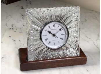 Very Nice WATERFORD Crystal Shelf / Desk Clock - On Wooden Base - Excellent Condition - Just Needs Battery