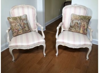 Fabulous Pair Vintage French Style Bergeres - Carved & Whitewashed Frames - Redone In Expensive Striped Fabric