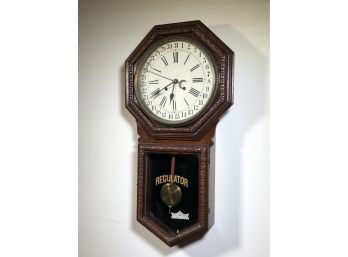 Wonderful Antique Regulator Clock By WATERBURY CLOCK CO - Solid Oak - In Working Condition With Original Key
