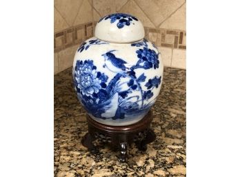 Very Nice Antique ? Vintage ? Blue & White With Bird & Flowers Lidded Ginger Jar - Appears Quite Old