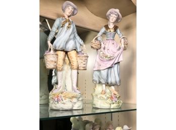 Two (2) Lovely Bisque Porcelain Statues Of FLOWER BASKET COUPLE By ROYAL SEALY - Beautiful Pieces !