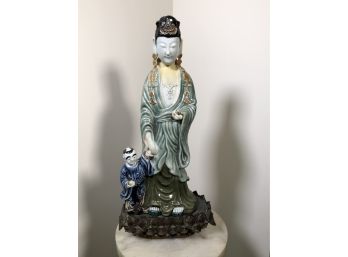 Large Antique ? Vintage ? Asian Statue On Ornate Metal Base - Fine Quality & Details - Very Nice Piece