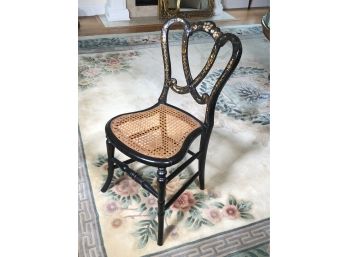 Lovely Smallish Antique And Very Delicate Papier Mache Chair With Floral Mother Of Pearl Inlay & Caned Seat