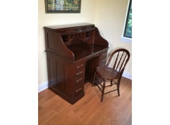 Absolutely Incredible Antique Mahogany Roll Top Desk By LEBUS With Chair & Original Key FULLY RESTORED