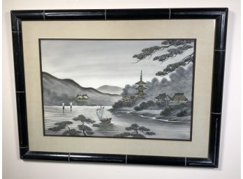 Beautiful Japanese Painting - Very Unusual - Boats - Pagoda Styles Houses & Water - Very Well Done