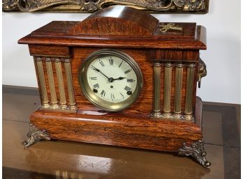 Fantastic Antique SETH THOMAS Mantel Clock With Key - Beautiful Wood With Brass Columns & Lion Head Rings