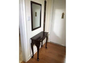 Handsome Foyer / Hallway Mahogany Console Table With Brass Pulls Along With Matching Mirror By BOMBAY COMPANY