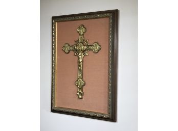 Very Large Vintage Gilded Cast Brass Cross - Mounted On Frame - Very Detailed - Nice Vintage Piece