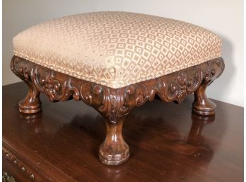 Antique French Beautifully Carved Foot Stool - Very Well Done - Late 19th Century - Nice Neutral Fabric