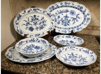 Six Piece Lot Of BLUE DANUBE / ONION Serving Platters & Serving Bowls - One Piece Is Antique Meissen