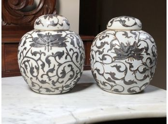 Unusual Pair Of Asian Lidded Urns / Jars - Antique ? Vintage ? - Black & White Design In Relief - Unusual