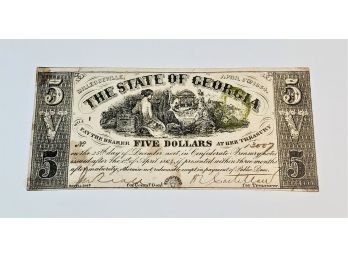 State Of Georgia $5 Note Unique Civil War Confederate State Issue