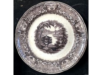 ANTIQUE BROWN TRANSFER WARE 7 1/2' Plate, Oriental Design