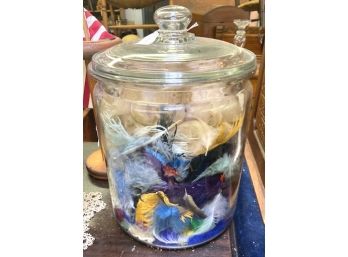 Large COUNTRY STORE JAR Filled With Colorful Feathers