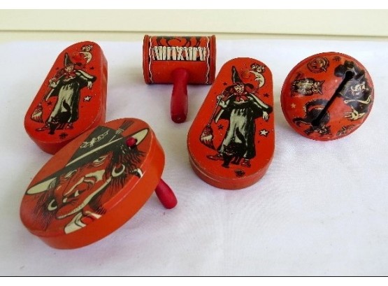 Vintage 1950's Lot Of Halloween Tin Litho Noisemakers In Excellent Condition!